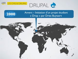 DRUPAL
LES CMS & DRUPAL


              Anvers – Initiation d’un projet étudiant
2000              « Drop » par Dries Buytaert
 