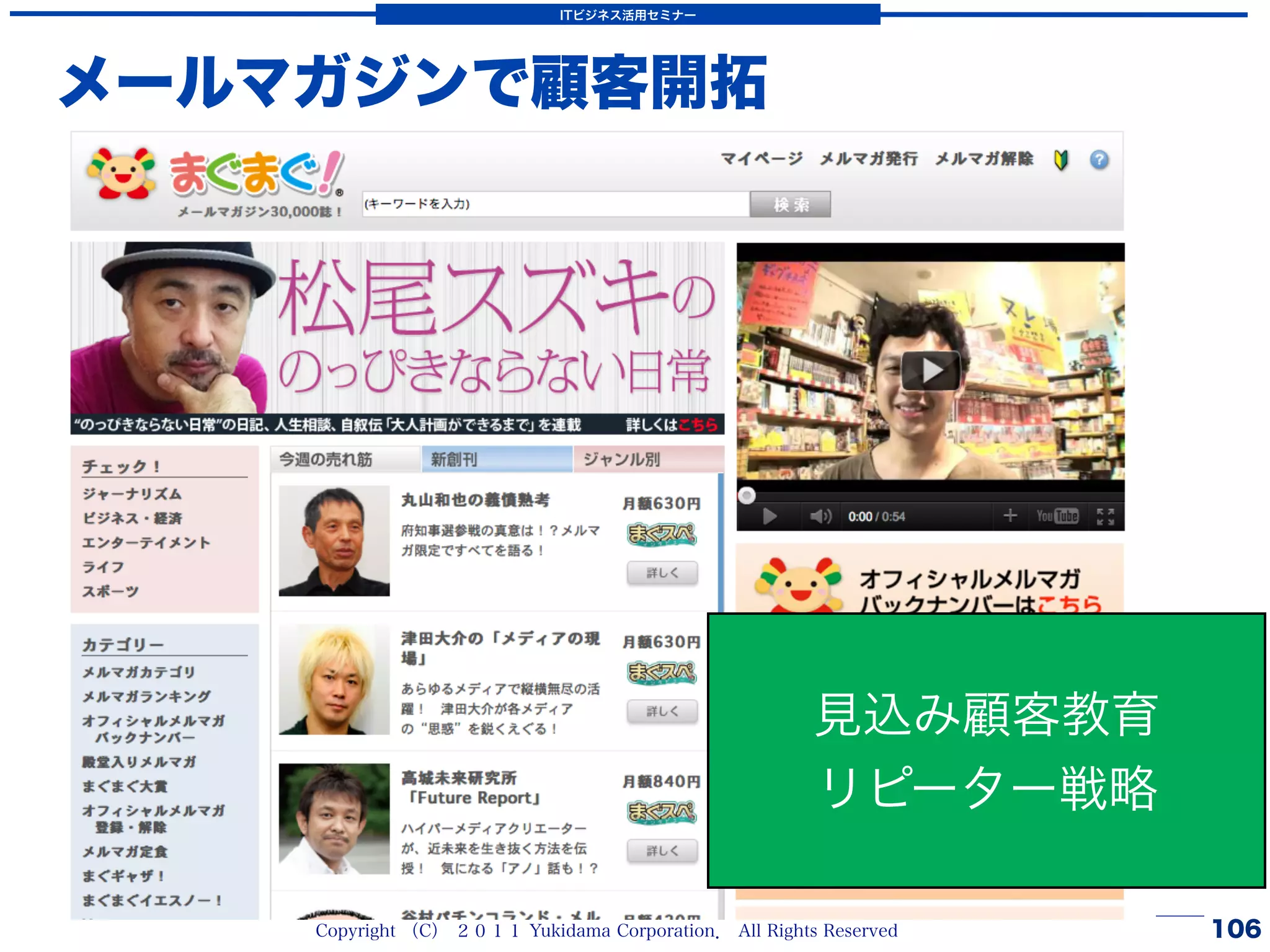 ITビジネス活用セミナー




メールマガジンで顧客開拓




                                                       見込み顧客教育
                                                       リピーター戦略

    Copyright （C） ２０１１ Yukidama Corporation． All Rights Reserved   106
 