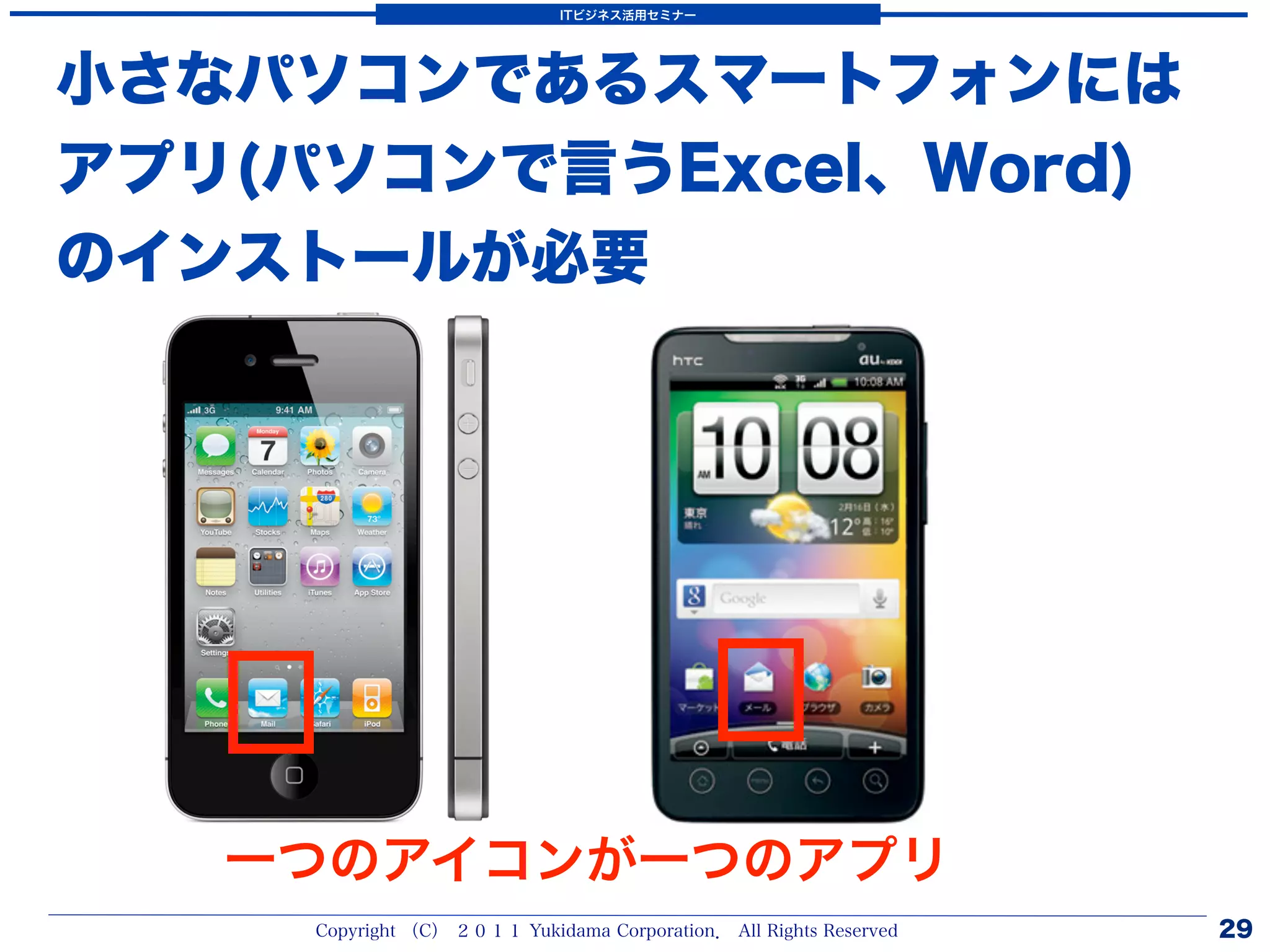 ITビジネス活用セミナー




小さなパソコンであるスマートフォンには
アプリ(パソコンで言うExcel、Word)
のインストールが必要




   一つのアイコンが一つのアプリ
     Copyright （C） ２０１１ Yukidama Corporation． All Rights Reserved   29
 