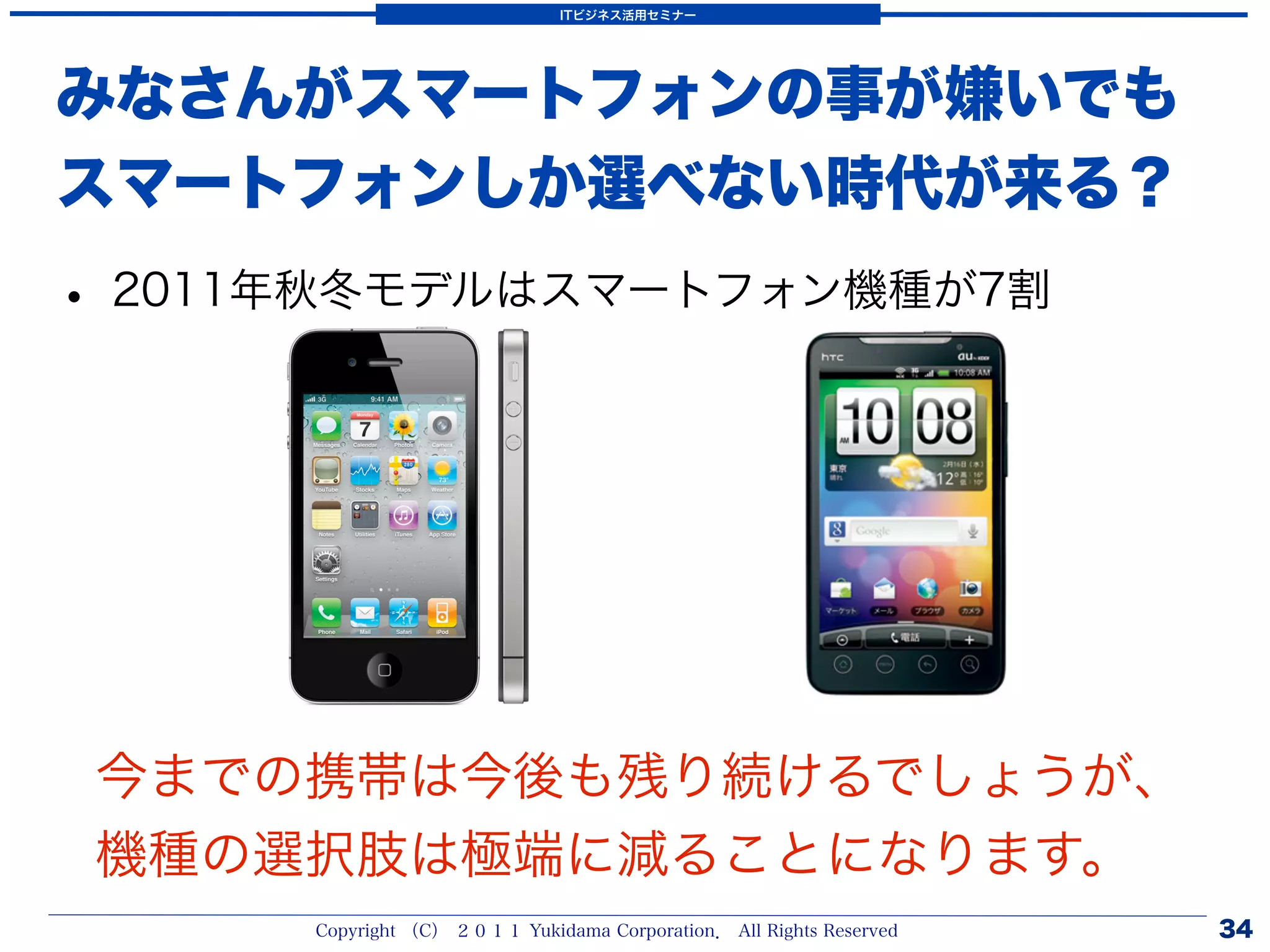 ITビジネス活用セミナー




みなさんがスマートフォンの事が嫌いでも
スマートフォンしか選べない時代が来る？
• 2011年秋冬モデルはスマートフォン機種が7割




 今までの携帯は今後も残り続けるでしょうが、
 機種の選択肢は極端に減ることになります。
      Copyright （C） ２０１１ Yukidama Corporation． All Rights Reserved   34
 