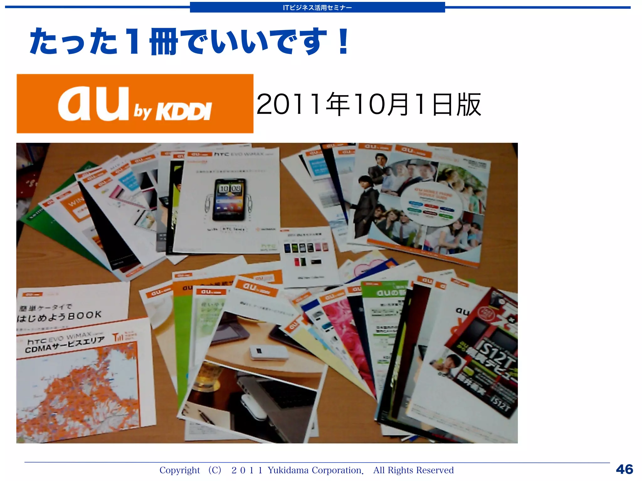 ITビジネス活用セミナー




たった１冊でいいです！

                       2011年10月1日版




    Copyright （C） ２０１１ Yukidama Corporation． All Rights Reserved   46
 
