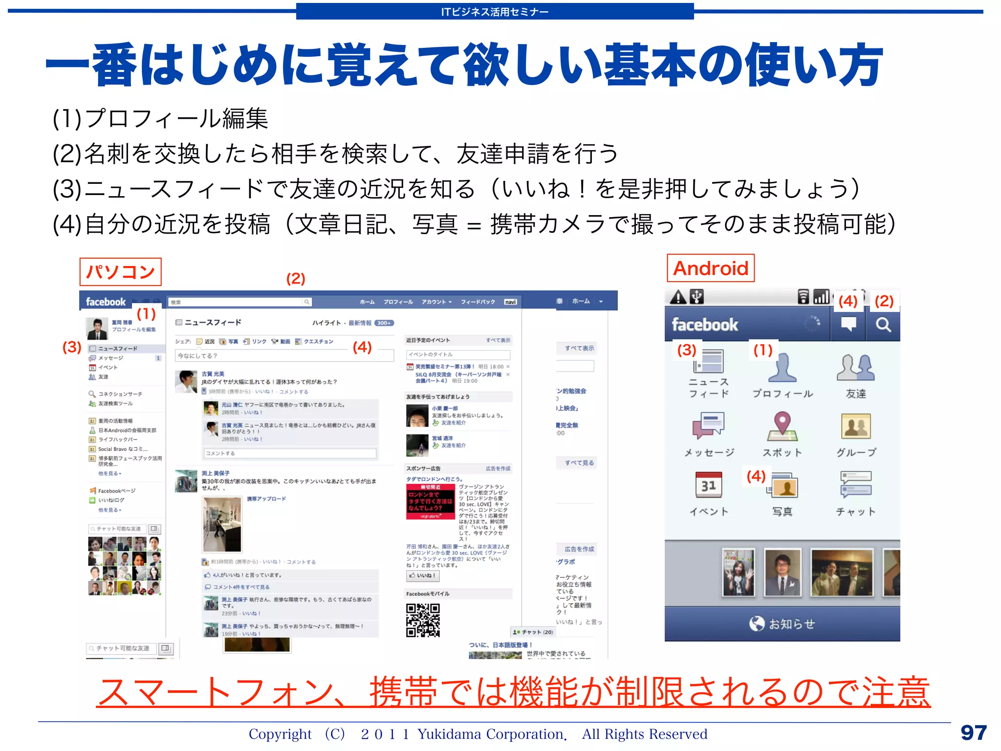 ITビジネス活用セミナー




一番はじめに覚えて欲しい基本の使い方
(1)プロフィール編集
(2)名刺を交換したら相手を検索して、友達申請を行う
(3)ニュースフィードで友達の近況を知る（いいね！を是非押してみましょう）
(4)自分の近況を投稿（文章日記、写真 = 携帯カメラで撮ってそのまま投稿可能）
      パソコン                                                           Android
                  (2)
                                                                                     (4)   (2)
        (1)

(3)                        (4)                                       (3)       (1)




                                                                             (4)




      スマートフォン、携帯では機能が制限されるので注意
              Copyright （C） ２０１１ Yukidama Corporation． All Rights Reserved                       97
 