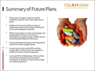 SummaryofFuturePlans
• Three-year strategic initiatives will be
distilled to specific and measurable yearly
goals.
• Additional resources will be sought to
implement aspects of the plan enabling CA
to be well equipped for growth.
• Efforts to broaden our base and engage new
stakeholders will focus on revenue
development, programmatic collaborations,
and building the Board of Directors.
• A fund-development/ grant-writing position
will be formed as budget allows.
• A new community studio/office will be
sought after and the resources needed to
realize this dream will be evaluated.
• Increased PR and Marketing efforts will be
infused with powerful and consistent
messaging to build our brand and leverage
our value proposition.
Org logo here
 