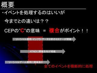 概要
・イベントを処理するのはいいが
今までとの違いは？？

CEPの”C”の意味 = 複合がポイント！！
     ソーシャル運用・インフラ・データ分析のセミナーが開催




           ATNDに開催告知が掲載



 ソーシャルゲーム運用に興味あり
                   全てのイベントを横断的に処理
 