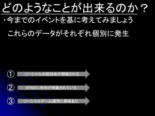 どのようなことが出来るのか？
・今までのイベントを基に考えてみましょう
これらのデータがそれぞれ個別に発生




①   ソーシャルの勉強会が開催される


②   ATNDに告知が掲載されている


③   ソーシャルゲーム運用に興味あり
 