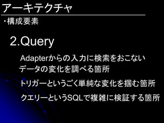 アーキテクチャ
・構成要素

2.Query
  Adapterからの入力に検索をおこない
  データの変化を調べる箇所
  トリガーというごく単純な変化を掴む箇所
  クエリーというSQLで複雑に検証する箇所
 
