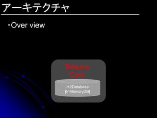 アーキテクチャ
・Over view




             Setsuna
              Core
              H２Database
             [InMemoryDB]
 