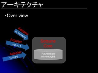 アーキテクチャ
・Over view




             Setsuna
              Core
              H２Database
             [InMemoryDB]
 