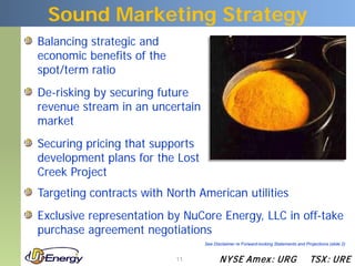 Sound Marketing Strategy
Balancing strategic and
economic benefits of the
spot/term ratio
De-risking by securing future
revenue stream in an uncertain
market
Securing pricing that supports
development plans for the Lost
Creek Project
Targeting contracts with North American utilities
Exclusive representation by NuCore Energy, LLC in off-take
purchase agreement negotiations
                                 See Disclaimer re Forward-looking Statements and Projections (slide 2)


                           11           N YSE Am ex : UR G                           TSX : UR E
 
