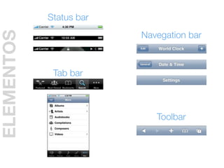 Status bar
                         Navegation bar
ELEMENTOS


             Tab bar



                            Toolbar
 