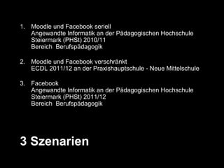 1. Moodle und Facebook seriell
   Angewandte Informatik an der Pädagogischen Hochschule
   Steiermark (PHSt) 2010/11
   Bereich Berufspädagogik

2. Moodle und Facebook verschränkt
   ECDL 2011/12 an der Praxishauptschule - Neue Mittelschule

3. Facebook
   Angewandte Informatik an der Pädagogischen Hochschule
   Steiermark (PHSt) 2011/12
   Bereich Berufspädagogik




3 Szenarien
 