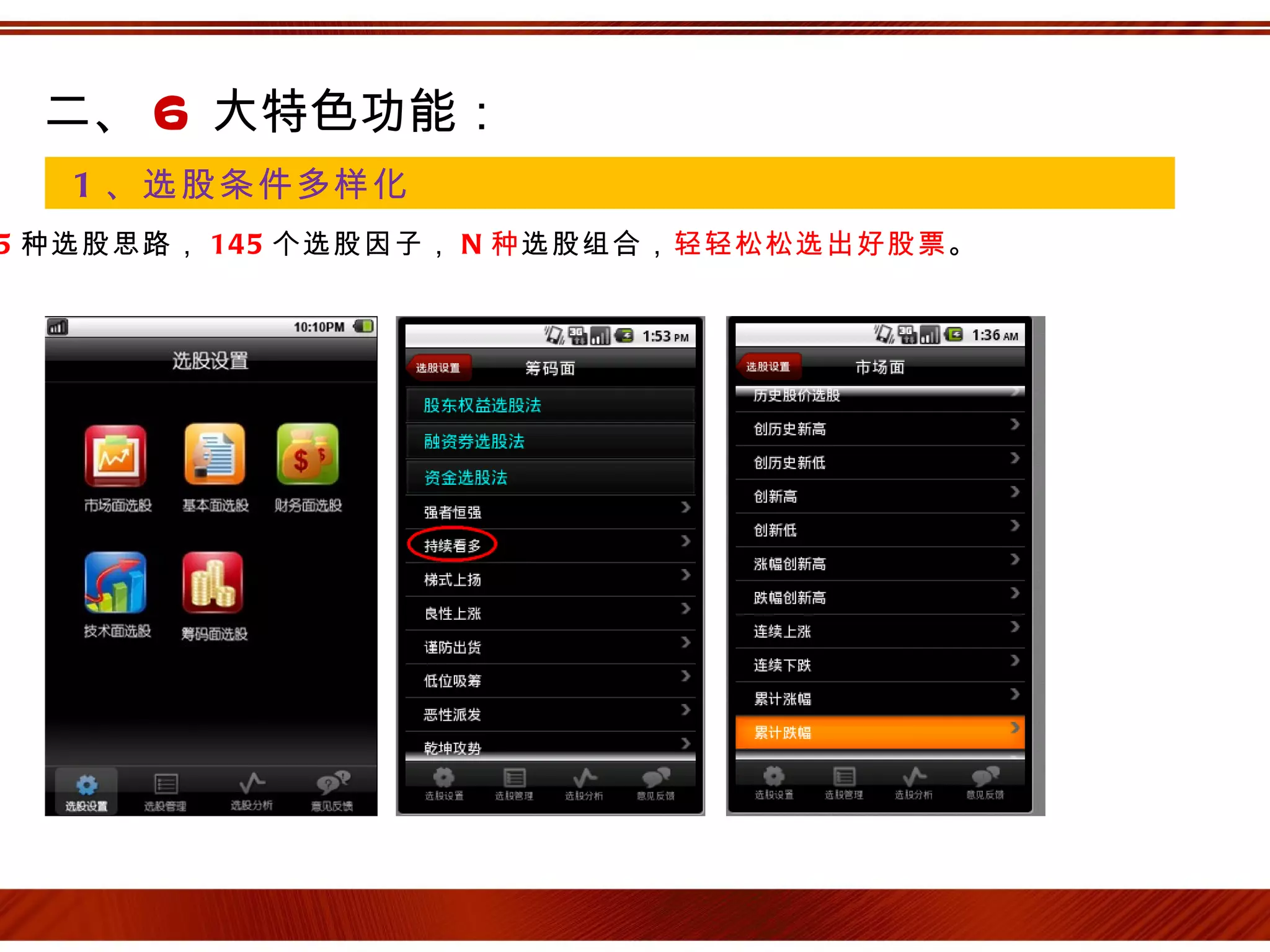 二、 6 大特色功能：
  1 、选股条件多样化
5 种选股思路， 145 个选股因子， N 种选股组合，轻轻松松选出好股票。
 