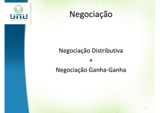 Negociação


 Negociação Distributiva
           +
Negociação Ganha-Ganha




                           5
 