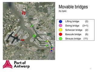 Movable bridges
(by type)



       Lifting bridge      (2)
       Swing bridge      (3+1)
       Scherzer bridge     (2)
       Bascule bridge      (6)
       Strauss bridge     (11)




                                 11
 