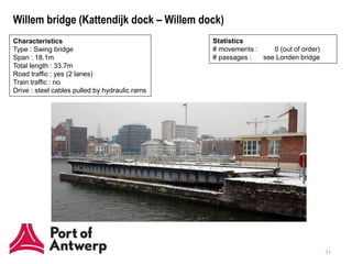 Willem bridge (Kattendijk dock – Willem dock)
Characteristics                                 Statistics
Type : Swing bridge                             # movements :    0 (out of order)
Span : 18.1m                                    # passages :  see Londen bridge
Total length : 33.7m
Road traffic : yes (2 lanes)
Train traffic : no
Drive : steel cables pulled by hydraulic rams




                                                                                    31
 