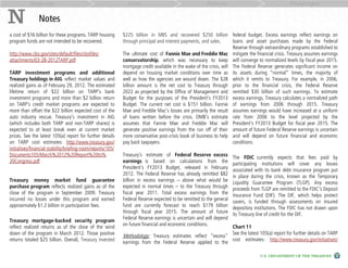 Response                                             Cost                                    Reform                                     Challenges


N               Notes
a cost of $16 billion for these programs. TARP housing       $225 billion in MBS and recovered $250 billion federal budget. Excess earnings reflect earnings on
program funds are not intended to be recovered.              through principal and interest payments, and sales.       loans and asset purchases made by the Federal
                                                                                                                       Reserve through extraordinary programs established to
http://www.cbo.gov/sites/default/files/cbofiles/             The ultimate cost of Fannie Mae and Freddie Mac mitigate the financial crisis. Treasury assumes earnings
attachments/03-28-2012TARP.pdf                               conservatorship, which was necessary to keep will converge to normalized levels by fiscal year 2015.
                                                             mortgage credit available in the wake of the crisis, will The Federal Reserve generates significant income on
TARP investment programs and additional                      depend on housing market conditions over time as its assets during “normal” times, the majority of
Treasury holdings in AIG reflect market values and           well as how the agencies are wound down. The $28 which it remits to Treasury. For example, in 2006,
realized gains as of February 29, 2012. The estimated        billion amount is the net cost to Treasury through prior to the financial crisis, the Federal Reserve
lifetime return of $22 billion on TARP’s bank                2022 as projected by the Office of Management and remitted $30 billion of such earnings. To estimate
investment programs and more than $2 billion return          Budget for the purposes of the President’s FY2013 excess earnings, Treasury calculates a normalized path
on TARP’s credit market programs are expected to             Budget. The current net cost is $151 billion. Fannie of earnings from 2006 through 2015. Treasury
more than offset the $22 billion expected cost of the        Mae and Freddie Mac’s losses are primarily the result assumes earnings would have increased at a uniform
auto industry rescue. Treasury’s investment in AIG           of loans written before the crisis. OMB’s estimate rate from 2006 to the level projected by the
(which includes both TARP and non-TARP shares) is            assumes that Fannie Mae and Freddie Mac will President’s FY2013 Budget for fiscal year 2015. The
expected to at least break even at current market            generate positive earnings from the run off of their amount of future Federal Reserve earnings is uncertain
prices. See the latest 105(a) report for further details     more conservative post-crisis book of business to help and will depend on future financial and economic
on TARP cost estimates: http://www.treasury.gov/             pay back taxpayers.                                       conditions.
initiatives/financial-stability/briefing-room/reports/105/
Documents105/March%2012%20Report%20to%                       Treasury’s estimate of Federal Reserve excess            The FDIC currently expects that fees paid by
20Congress.pdf                                               earnings is based on calculations from the               participating institutions will cover any losses
                                                             President’s FY2013 Budget, released in February          associated with its bank debt insurance program put
                                                             2012. The Federal Reserve has already remitted $82       in place during the crisis, known as the Temporary
Treasury money market fund guarantee                         billion in excess earnings – above what would be         Liquidity Guarantee Program (TLGP). Any excess
purchase program reflects realized gains as of the           expected in normal times – to the Treasury through       proceeds from TLGP are remitted to the FDIC’s Deposit
close of the program in September 2009. Treasury             fiscal year 2011. Total excess earnings from the         Insurance Fund (DIF). The DIF, which helps protect
incurred no losses under this program and earned             Federal Reserve expected to be remitted to the general   savers, is funded through assessments on insured
approximately $1.2 billion in participation fees.            fund are currently forecast to reach $179 billion        depository institutions. The FDIC has not drawn upon
                                                             through fiscal year 2015. The amount of future           its Treasury line of credit for the DIF.
                                                             Federal Reserve earnings is uncertain and will depend
Treasury mortgage-backed security program
                                                             on future financial and economic conditions.     Chart 11
reflect realized returns as of the close of the wind
down of the program in March 2012. Those positive
                                                             Methodology: Treasury estimates reflect “excess” See the latest 105(a) report for further details on TARP
returns totaled $25 billion. Overall, Treasury invested                                                       cost estimates: http://www.treasury.gov/initiatives/
                                                             earnings from the Federal Reserve applied to the

                                                                                                                                    U.S. DEPARTMENT OF THE TREASURY
 