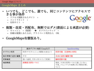 Google Maps について

GoogleMaps まとめ

•  いつでも、どこでも、誰でも、同じコンテンツにアクセスで
   きる事が条件
    –  アクセス制限されたサイト 
    –  イントラネット 
    –  有料サイト 

•  複製・改変・再配布、無断ではダメ(書面による承諾が必要)
    –  キャッシュ  （複製） è オフラインマップ 
    –  印刷は複製にあたるが、プライベート利用なら OK

•  GoogleMaps有償版あり。


                      既存デジタル地図 (Gmapなど)
                                      	
          OpenStreetMap
                                                              	
オフライン利用	
          利用不可（キャッシュ（複製）出来ない）	
   利用可能　（災害時に有利）	

独自情報の追加・編集	
       不可	
                    自由に追加・編集可能	
更新頻度	
             遅い（通常、半年・1年スパンで更新）	
    随時更新可能	
地図精度	
             高精度（実用レベル）	
            現状、日本は実用レベルに達していない。
                                           今後、コミュニティの成熟と共に精度を増し
                                           ていく	
 