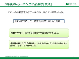 ３年後のeラーニングに必要な『技法』

     これからの新教育システムを作り上げるには技法がいる。


                    「使いやすさ」と「勉強を続けたくなる仕掛け」




           ・「使いやすさ」： 操作で頭を使わず学習に集中できること。




           ・「勉強を続けたくなる仕掛け」： 熱中する（ハマる）仕掛けを取り入れ
           飽きずに学習に取り組めること。




Copyright (C) crea-coco Co.,Ltd. All Rights Reserved.   8
 