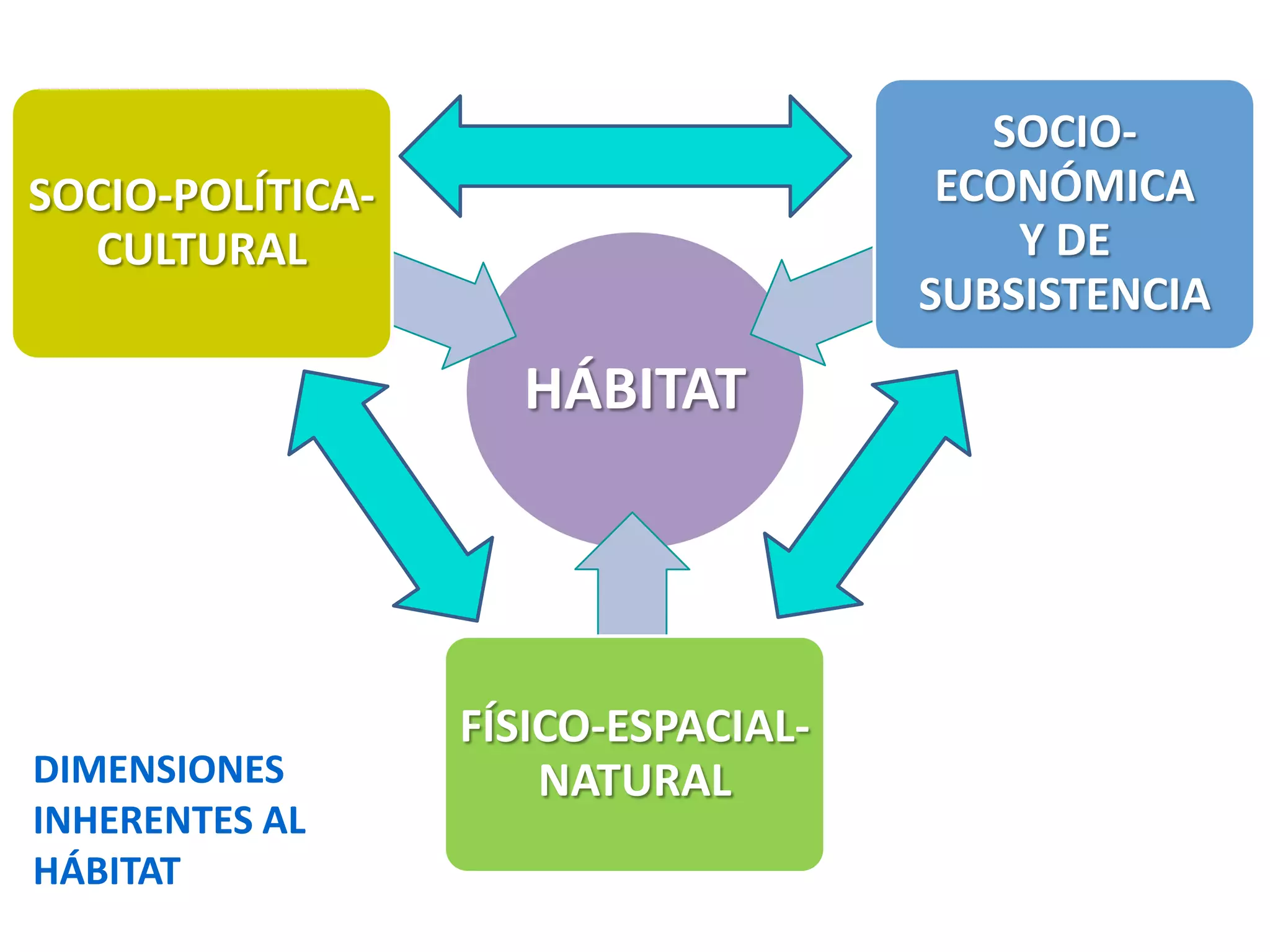 SOCIO-
SOCIO-POLÍTICA-                       ECONÓMICA
  CULTURAL                               Y DE
                                     SUBSISTENCIA

                    HÁBITAT




                  FÍSICO-ESPACIAL-
DIMENSIONES           NATURAL
INHERENTES AL
HÁBITAT
 