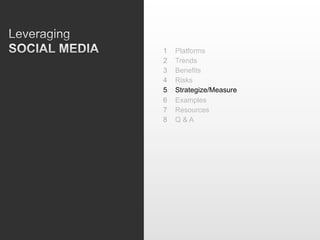 1    Platforms
2    Trends
3    Benefits
4    Risks
5    Strategize/Measure
6    Examples
7    Resources
8    Q&A
 