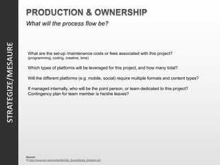 What will the process flow be?



 What are the set-up /maintenance costs or fees associated with this project?
 (programming, coding, creative, time)

 Which types of platforms will be leveraged for this project, and how many total?

 Will the different platforms (e.g. mobile, social) require multiple formats and content types?

 If managed internally, who will be the point person, or team dedicated to this project?
 Contingency plan for team member is he/she leaves?




Source:
1) http://www.iab.net/media/file/IAB_SocialMedia_Booklet.pdf
 