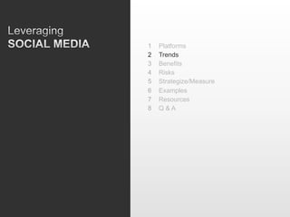 1    Platforms
2    Trends
3    Benefits
4    Risks
5    Strategize/Measure
6    Examples
7    Resources
8    Q&A
 