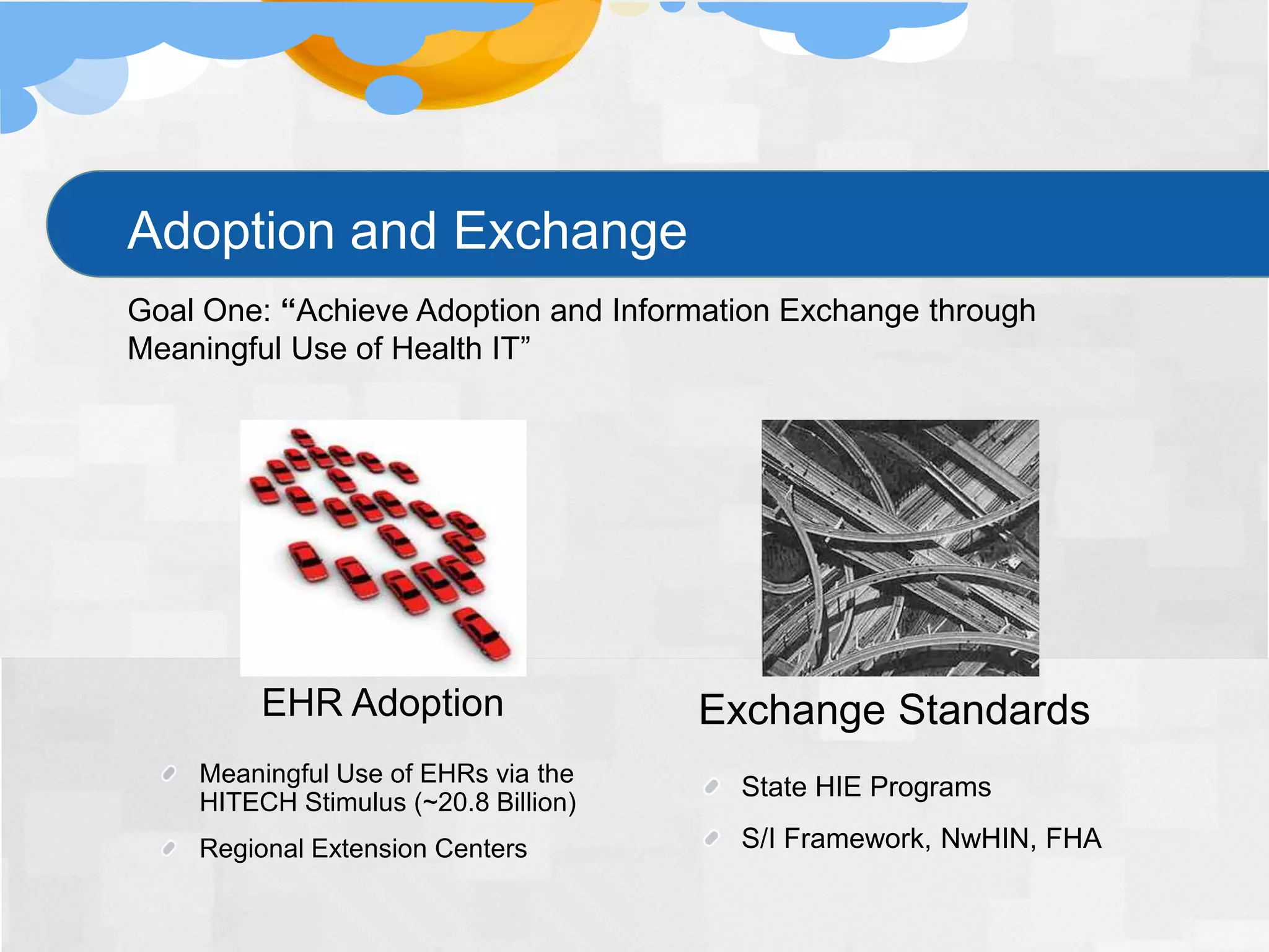 Adoption and Exchange
Goal One: “Achieve Adoption and Information Exchange through
Meaningful Use of Health IT”




         EHR Adoption                 Exchange Standards
    Meaningful Use of EHRs via the
                                        State HIE Programs
    HITECH Stimulus (~20.8 Billion)
    Regional Extension Centers          S/I Framework, NwHIN, FHA
 