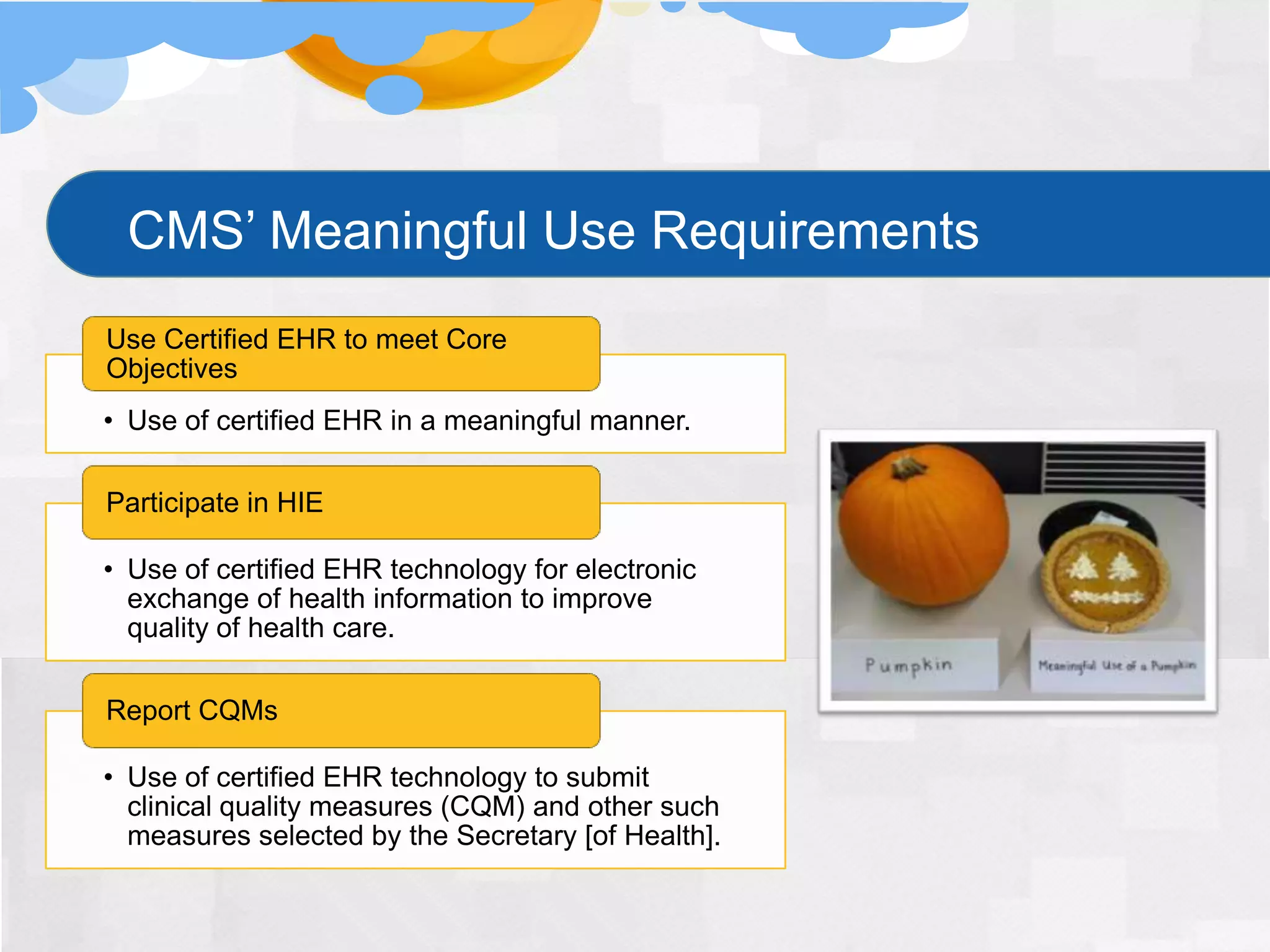 CMS’ Meaningful Use Requirements
Use Certified EHR to meet Core
Objectives
• Use of certified EHR in a meaningful manner.

Participate in HIE

• Use of certified EHR technology for electronic
  exchange of health information to improve
  quality of health care.

Report CQMs

• Use of certified EHR technology to submit
  clinical quality measures (CQM) and other such
  measures selected by the Secretary [of Health].
 
