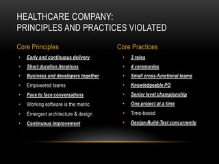 HEALTHCARE COMPANY:
PRINCIPLES AND PRACTICES VIOLATED

Core Principles                        Core Practices
•   Early and continuous delivery       •   3 roles
•   Short duration iterations           •   4 ceremonies
•   Business and developers together    •   Small cross-functional teams
•   Empowered teams                     •   Knowledgeable PO
•   Face to face conversations          •   Senior level championship
•   Working software is the metric      •   One project at a time

•   Emergent architecture & design      •   Time-boxed
•   Continuous improvement              •   Design-Build-Test concurrently
 