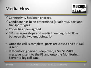 Media Flow
 Connectivity has been checked.
 Candidate has been determined (IP address, port and
  transport type).
 Codec has been agreed.
 SIP messages stops and media then begins to flow
  between the two endpoints. 

• Once the call is complete, ports are closed and SIP BYE
  is sent.
• If Monitoring Server is deployed, a SIP SERVICE
  message is sent to the FE and onto the Monitoring
  Server to log call data.
19/04/2012    Microsoft Unified Communications User Group London (MUCUGL)   11
 