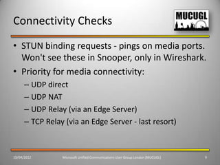 Connectivity Checks
• STUN binding requests - pings on media ports.
  Won't see these in Snooper, only in Wireshark.
• Priority for media connectivity:
      – UDP direct
      – UDP NAT
      – UDP Relay (via an Edge Server)
      – TCP Relay (via an Edge Server - last resort)



19/04/2012       Microsoft Unified Communications User Group London (MUCUGL)   9
 