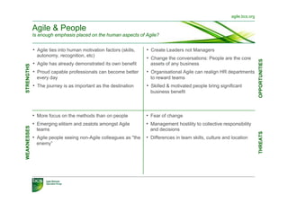 agile.bcs.org


             Agile & People
             Is enough emphasis placed on the human aspects of Agile?


             •  Agile ties into human motivation factors (skills,   •  Create Leaders not Managers
               autonomy, recognition, etc)
                                                                    •  Change the conversations: People are the core




                                                                                                                              OPPORTUNITIES
             •  Agile has already demonstrated its own benefit        assets of any business
STRENGTHS




             •  Proud capable professionals can become better       •  Organisational Agile can realign HR departments
               every day                                              to reward teams
             •  The journey is as important as the destination      •  Skilled & motivated people bring significant
                                                                      business benefit




             •  More focus on the methods than on people            •  Fear of change
             •  Emerging elitism and zealots amongst Agile          •  Management hostility to collective responsibility
WEAKNESSES




              teams                                                   and decisions




                                                                                                                              THREATS
             •  Agile people seeing non-Agile colleagues as "the    •  Differences in team skills, culture and location
              enemy”
 