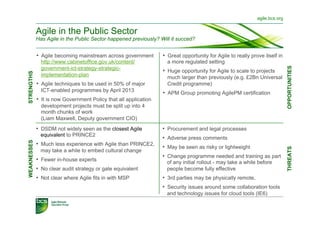 agile.bcs.org


             Agile in the Public Sector
             Has Agile in the Public Sector happened previously? Will it succed?


             •  Agile becoming mainstream across government        •  Great opportunity for Agile to really prove itself in
               http://www.cabinetoffice.gov.uk/content/              a more regulated setting
               government-ict-strategy-strategic-




                                                                                                                               OPPORTUNITIES
                                                                   •  Huge opportunity for Agile to scale to projects
STRENGTHS




               implementation-plan                                   much larger than previously (e.g. £2Bn Universal
             •  Agile techniques to be used in 50% of major          Credit programme)
               ICT-enabled programmes by April 2013                •  APM Group promoting AgilePM certification
             •  It is now Government Policy that all application
               development projects must be split up into 4
               month chunks of work
               (Liam Maxwell, Deputy government CIO)
             •  DSDM not widely seen as the closest Agile          •  Procurement and legal processes
               equivalent to PRINCE2
                                                                   •  Adverse press comments
WEAKNESSES




             •  Much less experience with Agile than PRINCE2,
                                                                   •  May be seen as risky or lightweight




                                                                                                                               THREATS
               may take a while to embed cultural change
                                                                   •  Change programme needed and training as part
             •  Fewer in-house experts                              of any initial rollout - may take a while before
             •  No clear audit strategy or gate equivalent          people become fully effective
             •  Not clear where Agile fits in with MSP             •  3rd parties may be physically remote,
                                                                   •  Security issues around some collaboration tools
                                                                    and technology issues for cloud tools (IE6)
 