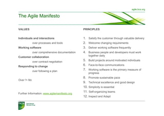 agile.bcs.org


The Agile Manifesto

VALUES                                          PRINCIPLES


Individuals and interactions                    1.    Satisfy the customer through valuable delivery
             over processes and tools           2.    Welcome changing requirements
Working software                                3.    Deliver working software frequently
             over comprehensive documentation   4.    Business people and developers must work
                                                      together daily
Customer collaboration
             over contract negotiation          5.  Build projects around motivated individuals
Responding to change                            6.  Face-to-face communications
             over following a plan              7.  Working software is the primary measure of
                                                      progress
                                                8.  Promote sustainable pace
Over != No
                                                9.  Technical excellence and good design
                                                10.  Simplicity is essential
                                                11.  Self-organizing teams
Further Information: www.agilemanifesto.org
                                                12.  Inspect and Adapt
 