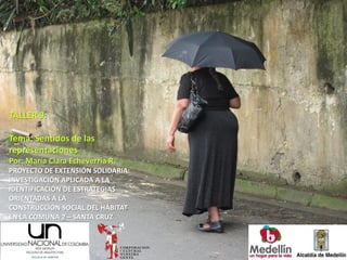 TALLER 9:

Tema: Sentidos de las
representaciones
Por: María Clara Echeverría R.
PROYECTO DE EXTENSIÓN SOLIDARIA:
INVESTIG...