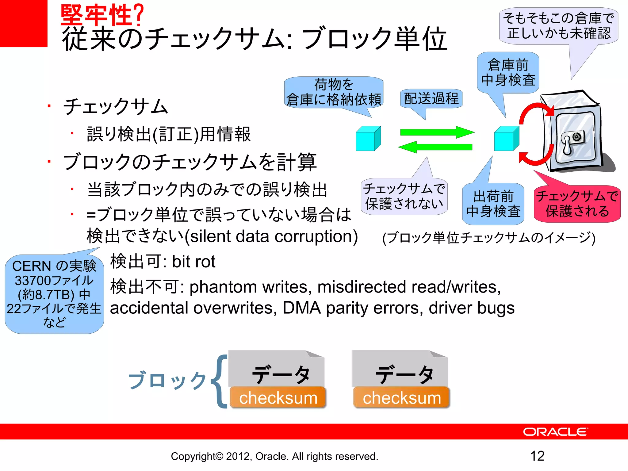 堅牢性?                                                                 そもそもこの倉庫で
      従来のチェックサム: ブロック単位                                                    正しいかも未確認

                                                                           倉庫前
                                             荷物を                          中身検査
                                           倉庫に格納依頼                 配送過程
    • チェックサム
         • 誤り検出(訂正)用情報
    • ブロックのチェックサムを計算
         • 当該ブロック内のみでの誤り検出                チェックサムで
                                                          出荷前   チェックサムで
                                           保護されない
         • =ブロック単位で誤っていない場合は                             中身検査    保護される
            検出できない(silent data corruption) (ブロック単位チェックサムのイメージ)
 CERN の実験• 検出可: bit rot
 33700ファイル
  (約8.7TB) 中 検出不可: phantom writes, misdirected read/writes,
            •
22ファイルで発生 accidental overwrites, DMA parity errors, driver bugs
    など



             ブロック          {        データ
                                 checksum
                                                               データ
                                                            checksum


                   Copyright© 2012, Oracle. All rights reserved.             12
 