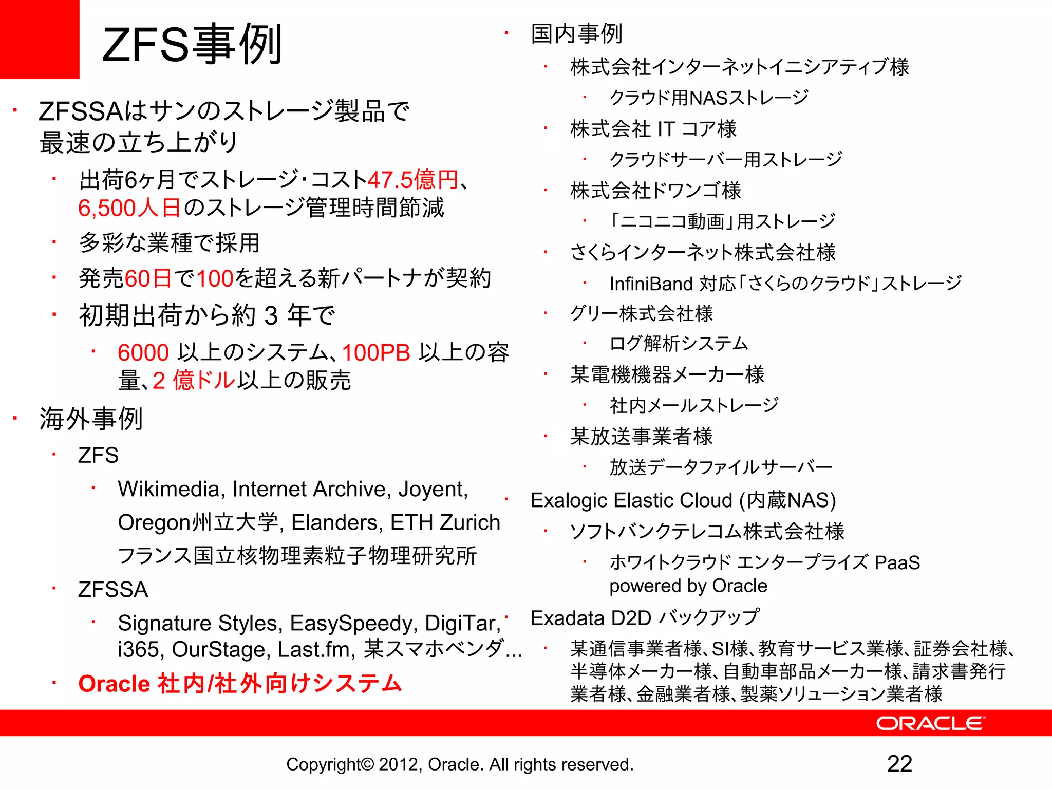 ZFS事例                                          • 国内事例
                                                         •   株式会社インターネットイニシアティブ様
                                                              •   クラウド用NASストレージ
• ZFSSAはサンのストレージ製品で
                                                         •   株式会社 IT コア様
  最速の立ち上がり
                                                              •   クラウドサーバー用ストレージ
 • 出荷6ヶ月でストレージ・コスト47.5億円、                                •   株式会社ドワンゴ様
   6,500人日のストレージ管理時間節減                                        •   「ニコニコ動画」用ストレージ
 • 多彩な業種で採用                                              •   さくらインターネット株式会社様
 • 発売60日で100を超える新パートナが契約                                      •   InfiniBand 対応「さくらのクラウド」ストレージ
 • 初期出荷から約 3 年で                                          •   グリー株式会社様
                                                              •   ログ解析システム
    • 6000 以上のシステム、100PB 以上の容
      量、2 億ドル以上の販売                                       •   某電機機器メーカー様
                                                              •   社内メールストレージ
• 海外事例
                                                         •   某放送事業者様
 • ZFS
                                                              •   放送データファイルサーバー
    • Wikimedia, Internet Archive, Joyent,          •   Exalogic Elastic Cloud (内蔵NAS)
       Oregon州立大学, Elanders, ETH Zurich                  •   ソフトバンクテレコム株式会社様
       フランス国立核物理素粒子物理研究所                                      •   ホワイトクラウド エンタープライズ PaaS
 • ZFSSA                                                          powered by Oracle
    • Signature Styles, EasySpeedy, DigiTar, • Exadata D2D バックアップ
      i365, OurStage, Last.fm, 某スマホベンダ... • 某通信事業者様、SI様、教育サービス業様、証券会社様、
                                                             半導体メーカー様、自動車部品メーカー様、請求書発行
 • Oracle 社内/社外向けシステム                                        業者様、金融業者様、製薬ソリューション業者様


                        Copyright© 2012, Oracle. All rights reserved.                    22
 