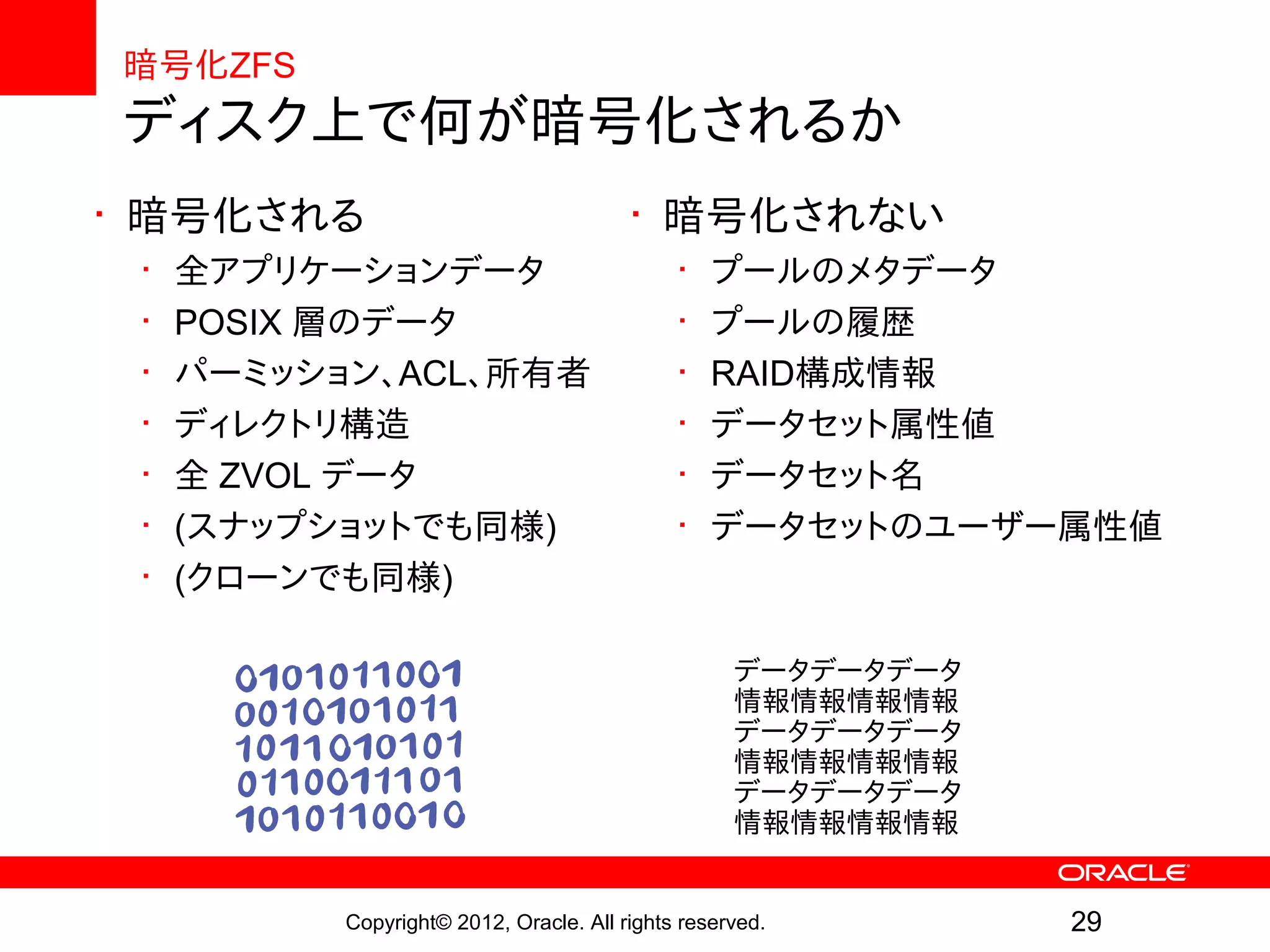 暗号化ZFS
ディスク上で何が暗号化されるか
• 暗号化される                                 • 暗号化されない
 •   全アプリケーションデータ                             •   プールのメタデータ
 •   POSIX 層のデータ                              •   プールの履歴
 •   パーミッション、ACL、所有者                          •   RAID構成情報
 •   ディレクトリ構造                                 •   データセット属性値
 •   全 ZVOL データ                               •   データセット名
 •   (スナップショットでも同様)                           •   データセットのユーザー属性値
 •   (クローンでも同様)

                                                    データデータデータ
                                                    情報情報情報情報
                                                    データデータデータ
                                                    情報情報情報情報
                                                    データデータデータ
                                                    情報情報情報情報


           Copyright© 2012, Oracle. All rights reserved.        29
 