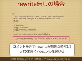 rewrite無しの場合
 /**
   * To conﬁgure CakePHP *not* to use mod_rewrite and to
   * use CakePHP pretty URLs, remove these .hta...