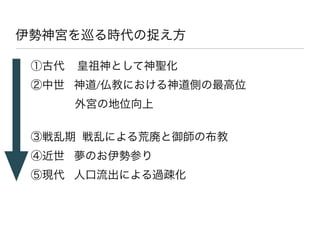 伊勢神宮を巡る時代の捉え方

 ①古代   皇祖神として神聖化
 ②中世 神道/仏教における神道側の最高位
       外宮の地位向上
 
 ③戦乱期 戦乱による荒廃と御師の布教
 ④近世 夢のお伊勢参り
 ⑤現代 人口流出による過疎化
 