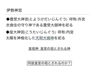 伊勢神宮

◆豊受大神宮(とようけだいじんぐう) 呼称:外宮
衣食住の守り神である豊受大御神を祀る
◆皇大神宮(こうたいじんぐう) 呼称:内宮



太陽を神格化した天照大御神を祀る

       皇祖神 皇室の祖とされる神



       何故皇室の祖とされるのか？
 