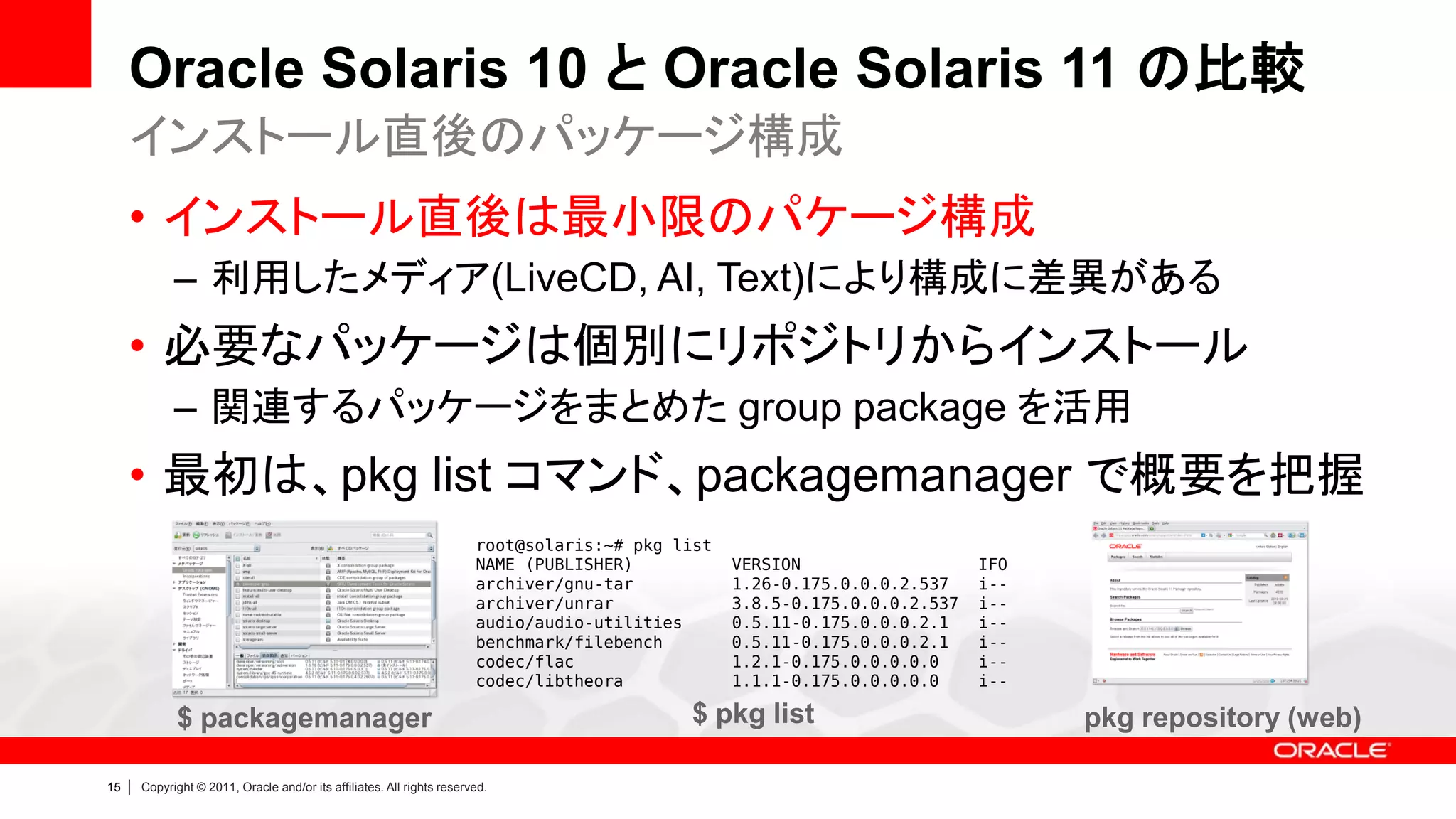 Oracle Solaris 10 と Oracle Solaris 11 の比較
     インストール直後のパッケージ構成
     • インストール直後は最小限のパケージ構成
               – 利用したメディア(LiveCD, AI, Text)により構成に差異がある
     • 必要なパッケージは個別にリポジトリからインストール
               – 関連するパッケージをまとめた group package を活用
     • 最初は、pkg list コマンド、packagemanager で概要を把握
                                                                          root@solaris:~# pkg list
                                                                          NAME (PUBLISHER)           VERSION                   IFO
                                                                          archiver/gnu-tar           1.26-0.175.0.0.0.2.537    i--
                                                                          archiver/unrar             3.8.5-0.175.0.0.0.2.537   i--
                                                                          audio/audio-utilities      0.5.11-0.175.0.0.0.2.1    i--
                                                                          benchmark/filebench        0.5.11-0.175.0.0.0.2.1    i--
                                                                          codec/flac                 1.2.1-0.175.0.0.0.0.0     i--
                                                                          codec/libtheora            1.1.1-0.175.0.0.0.0.0     i--

               $ packagemanager                                                                $ pkg list                            pkg repository (web)

15   |   Copyright © 2011, Oracle and/or its affiliates. All rights reserved.
 