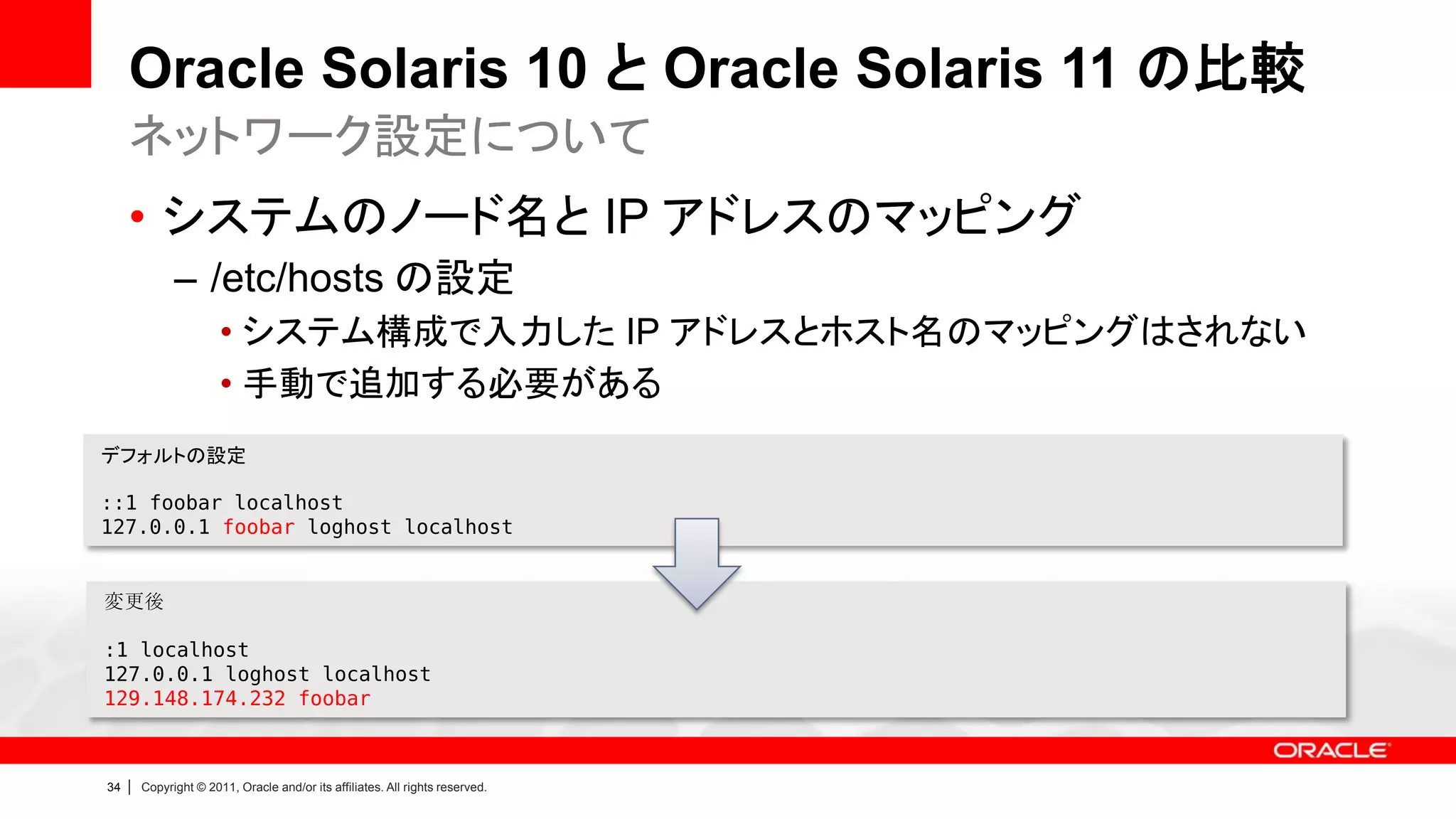 Oracle Solaris 10 と Oracle Solaris 11 の比較
     ネットワーク設定について
     • システムのノード名と IP アドレスのマッピング
               – /etc/hosts の設定
                        • システム構成で入力した IP アドレスとホスト名のマッピングはされない
                        • 手動で追加する必要がある
デフォルトの設定

::1 foobar localhost
127.0.0.1 foobar loghost localhost


変更後

:1 localhost
127.0.0.1 loghost localhost
129.148.174.232 foobar



34   |   Copyright © 2011, Oracle and/or its affiliates. All rights reserved.
 
