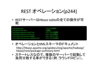 REST	
  オペレーション(p244)	
•  RESTサーバーはHbase	
  tableの全ての操作が可
            能	
  
	
  $	
  bin/hbase	
  rest 	
   	
   	
   	
   	
   	
  #	
  ヘルプの表示	
	
  $	
  bin/hbase-­‐daemon.sh	
  start	
  rest 	
   	
   	
  #	
  デーモンの起動	
 $	
  bin/hbase	
  rest	
  start 	
          	
           	
   	
   	
  #	
  起動	

 $	
  bin/hbase-­‐daemon.sh	
  stop	
  rest               	
   	
   	
  #	
  デーモンの停止	
	
  $	
  curl	
  h]p://<servername>:8080/	
  	
  	
  	
   	
   	
   	
  #	
  テーブルノリスト	
 $	
  curl	
  h]p://<servername>:8080/version 	
                    	
  #バージョンの表示	
	
  
•  オペレーションとXMLスキーマのドキュメント	
  
     h]p://hbase.apache.org/apidocs/org/apache/hadoop/
     hbase/rest/package-­‐summary.html	
  
•  ステートレスなので、複数のサーバーで起動して
   負荷分散する事ができる（例：ラウンドロビン）。	
  
	
 