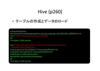 Hive	
  (p260)	
   •  テーブルの作成とデータのロード	
  

$	
  build/dist/bin/hive	
  
Hive	
  history	
  ﬁle=/tmp/larsgeorge/hive_job_log_larsgeorge_201105251455_2009910117.txt	
  
hive>	
  CREATE	
  TABLE	
  pokes	
  (foo	
  INT,	
  bar	
  STRING);	
  	
  	
  	
  	
  	
  	
  	
  	
  	
  
OK	
  
Time	
  taken:	
  3.381	
  seconds	
  
	
  
hive>	
  LOAD	
  DATA	
  LOCAL	
  INPATH	
  '/opt/hive-­‐0.7.0/examples/ﬁles/kv1.txt'	
  
	
  	
  OVERWRITE	
  INTO	
  TABLE	
  pokes;	
  
Copying	
  data	
  from	
  ﬁle:/opt/hive-­‐0.7.0/examples/ﬁles/kv1.txt	
  
Copying	
  ﬁle:	
  ﬁle:/opt/hive-­‐0.7.0/examples/ﬁles/kv1.txt	
  
Loading	
  data	
  to	
  table	
  default.pokes	
  
Deleted	
  ﬁle:/user/hive/warehouse/pokes	
  
OK	
  
Time	
  taken:	
  0.266	
  seconds	
  
 