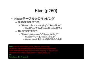 Hive	
  (p260)	
   •  Hbaseテーブルとのマッピング	
  
         –  SERDEPROPERTIES:	
  	
  
                •  “Hbase.columns.mapping”=“:key,cf1:val”	
  
                       –  Hiveの”key”カラムをhbaseのrowKeyにする	
  
         –  TBLEPROPERTIES:	
  	
  
                •  “hbase.table.name”=“hbase_table_1”	
  
                       –  Hiveのテーブル名”hbase_table_1”	
  
                       –  HbaseとHiveで異なった名前の時のみ必要	
  


hive>	
  CREATE	
  TABLE	
  hbase_table_1(key	
  int,	
  value	
  string)	
  
STORED	
  BY	
  'org.apache.hadoop.hive.hbase.HBaseStorageHandler'	
  	
  
WITH	
  SERDEPROPERTIES	
  ("hbase.columns.mapping"	
  =	
  ":key,cf1:val")	
  	
  
TBLPROPERTIES	
  ("hbase.table.name"	
  =	
  "hbase_table_1");	
  
OK	
  
Time	
  taken:	
  0.144	
  seconds	
  
 