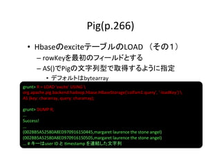 Pig(p.266)	
  •  HbaseのexciteテーブルのLOAD　（その１）	
  
       –  rowKeyを最初のフィールドとする	
  
       –  AS()でPigの文字列型で取得するように指定	
  
             •  デフォルトはbytearray	
  
grunt>	
  R	
  =	
  LOAD	
  'excite'	
  USING	
  	
  
org.apache.pig.backend.hadoop.hbase.HBaseStorage('colfam1:query',	
  '-­‐loadKey')	
  	
  
AS	
  (key:	
  chararray,	
  query:	
  chararray);	
  
	
  
grunt>	
  DUMP	
  R;	
  
...	
  
Success!	
  
...	
  
(002BB5A52580A8ED970916150445,margaret	
  laurence	
  the	
  stone	
  angel)	
  
(002BB5A52580A8ED970916150505,margaret	
  laurence	
  the	
  stone	
  angel)	
  
...	
  #	
  キーはuser	
  ID	
  と 8mestamp	
  を連結した文字列	
  
 
