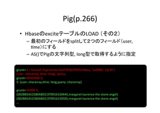 Pig(p.266)	
   •  HbaseのexciteテーブルのLOAD	
  （その２）	
  
          –  最初のフィールドをsplitして２つのフィールド（user,	
  
             8me）にする	
  
          –  AS()でPigの文字列型,	
  long型で取得するように指定	
  


grunt>	
  S	
  =	
  foreach	
  R	
  generate	
  FLATTEN(STRSPLIT(key,	
  'u0000',	
  2))	
  AS	
  	
  
(user:	
  chararray,	
  8me:	
  long),	
  query;	
  
grunt>	
  DESCRIBE	
  S;	
  
S:	
  {user:	
  chararray,8me:	
  long,query:	
  chararray}	
  
	
  
grunt>	
  DUMP	
  S;	
  
(002BB5A52580A8ED,970916150445,margaret	
  laurence	
  the	
  stone	
  angel)	
  
(002BB5A52580A8ED,970916150505,margaret	
  laurence	
  the	
  stone	
  angel)	
  
…	
  
 