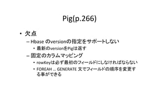 Pig(p.266)	
•  欠点	
  
   –  Hbase	
  のversionの指定をサポートしない	
      •  最新のversionをPigは返す	
  
   –  固定のカラムマッピング	
  
      •  rowKeyは必ず最初のフィールドにしなければならない	
  
      •  FOREAH	
  …	
  GENERATE	
  文でフィールドの順序を変更す
         る事ができる	
  
 
