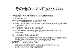 その他のコマンド(p272-­‐274)	
•  	
   一般的なコマンド(table	
  6-­‐1):	
  cluster	
  status	
  
    –  status,	
  version	
  
•  データの定義(table	
  6-­‐2):	
  admin	
  API	
  
    –  alter,	
  create,	
  describe,	
  disable,	
  drop,	
  enable,	
  exists,	
  is_disabled,	
  
       is_enabled,	
  list	
  
•  データ操作 (table	
  6-­‐3):	
  client	
  API	
  
    –  count,	
  delete,	
  deleteall,	
  get,	
  get_counter,	
  incr,	
  put,	
  scan,	
  
       truncaste	
  
•  ツール(table	
  6-­‐4):	
  admin	
  API	
  
    –  assign,	
  balance_switch,	
  balancer,	
  close_region,	
  compact,	
  ﬂush,	
  
       major_compact,	
  move,	
  split,	
  unassign,	
  zk_dump	
  
•  レプリケーション(table	
  6-­‐5):	
  
    –  add_peer,	
  disable_peer,	
  enable_peer,	
  remove_peer,	
  
       start_replica8on,	
  stop_replica8on	
  
 